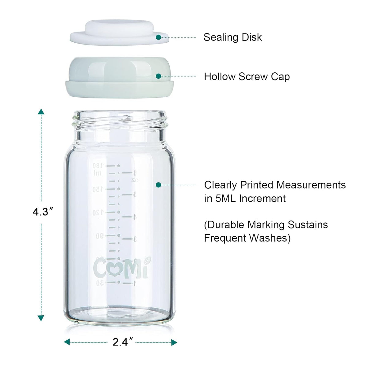 COMI Wide Neck Glass Breastmilk Collection n Storage Bottle, 6oz with Screw Ring Sealing Disk; Re-markable Sealing Disc. BPA Free, Fits Breast Pumps & Nipples (2 Pack Gray Lids)