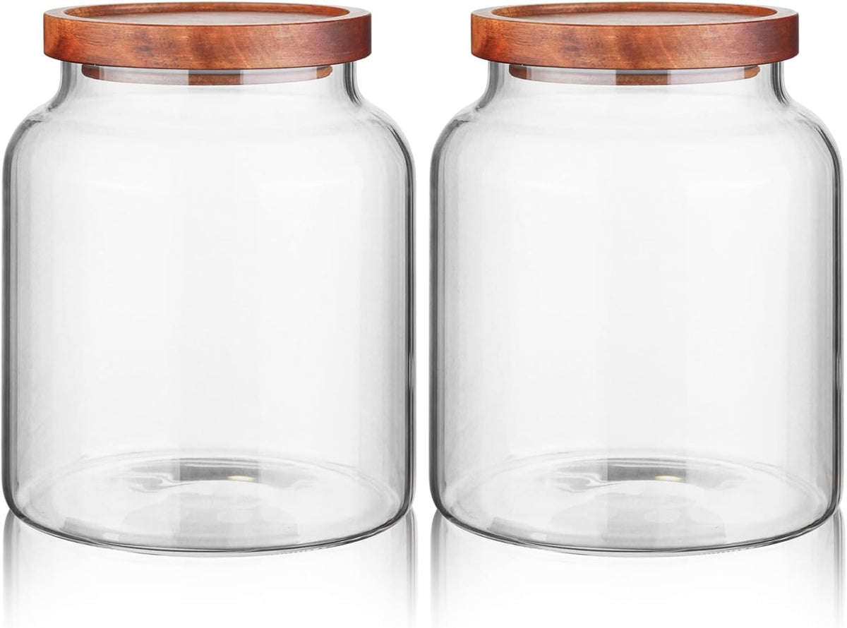 Labina Glass Storage Container Airtight Food Jars Kitchen Canister with Wood Lids, 60 Oz Wide Mouth Pantry Organization Glass Jar for Flour, Sugar, Cookie, Spagetti, Nuts and Candy (2 Pack)