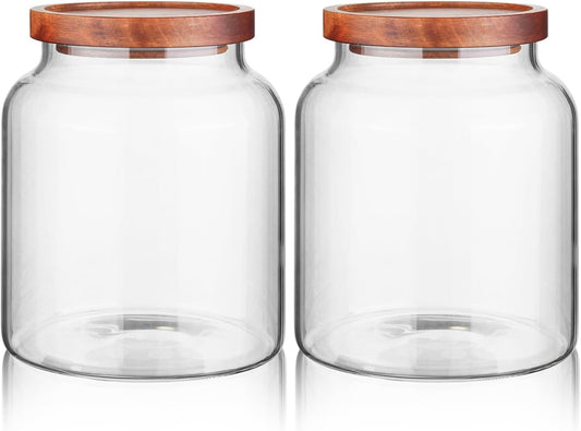Labina Glass Storage Container Airtight Food Jars Kitchen Canister with Wood Lids, 60 Oz Wide Mouth Pantry Organization Glass Jar for Flour, Sugar, Cookie, Spagetti, Nuts and Candy (2 Pack)