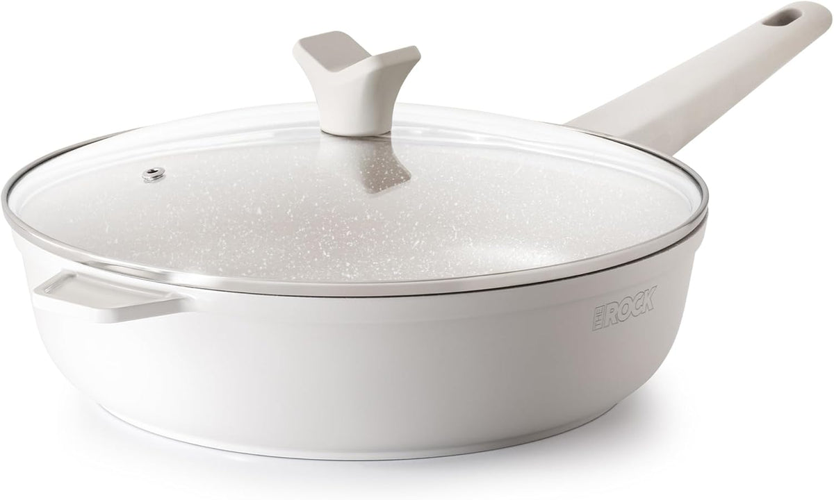 THE ROCK SOHO 4 Qt Nonstick Deep Frying Pan Skillet with Glass Lid, 11 Inch Large Deep Frying Pan, Ceramic Non Toxic Skillet with Heat-Resistant Handle, PFOA & PFAS Free, Oven & Dishwasher Safe, Cream