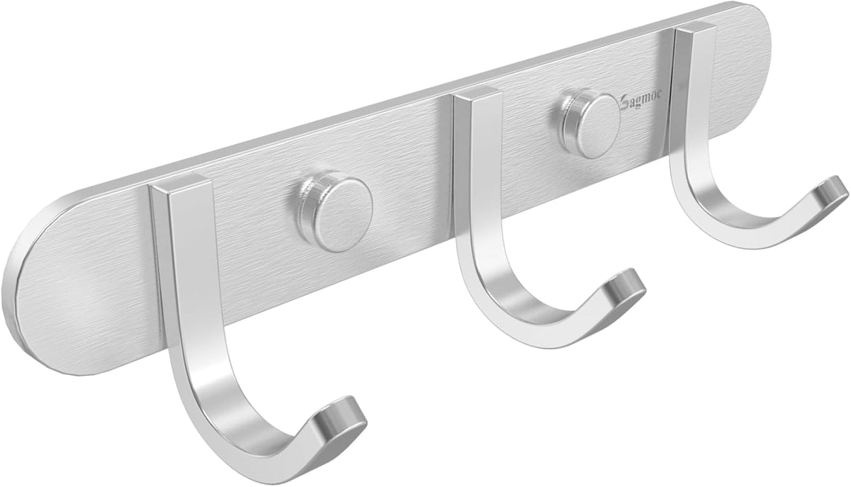 Coat Hook Rack Brushed Nickel 8-Inch Coat&Towel Hook Rail Wall Mounted with 3 Hooks, Durable Wall Hangers for Bedroom, Bathroom, Foyer, Hallway (SUS304 Stainless Steel)