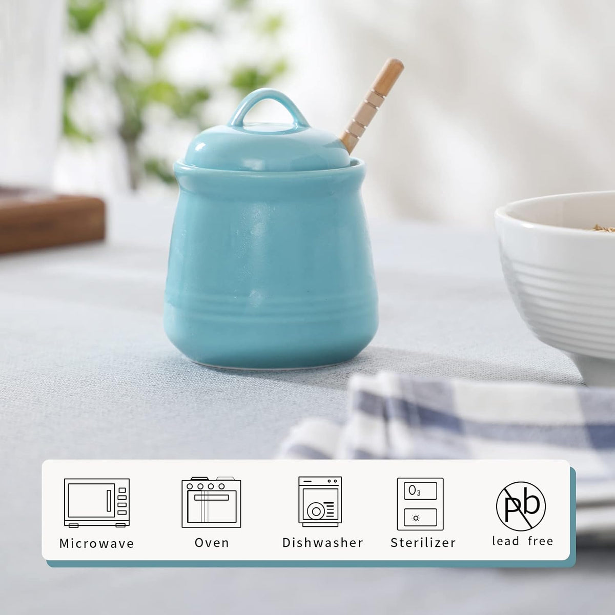 HAOTOP Ceramic Honey pot with Lid and Honey Dipper,Porcelain Honey Jar Easy to Clean and Dishwasher Safe,12oz (Blue)
