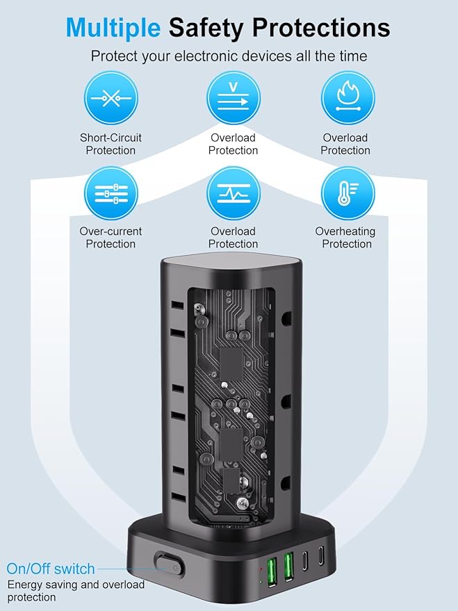 Power Strip Tower with Wireless Charger, Flat Plug Surge Protector Tower with 10FT Extension Cord, 12 AC Multiple Outlets, 4 USB (2 USB C),15W Wireless Charging Power Tower for Home Office Dorm, Black