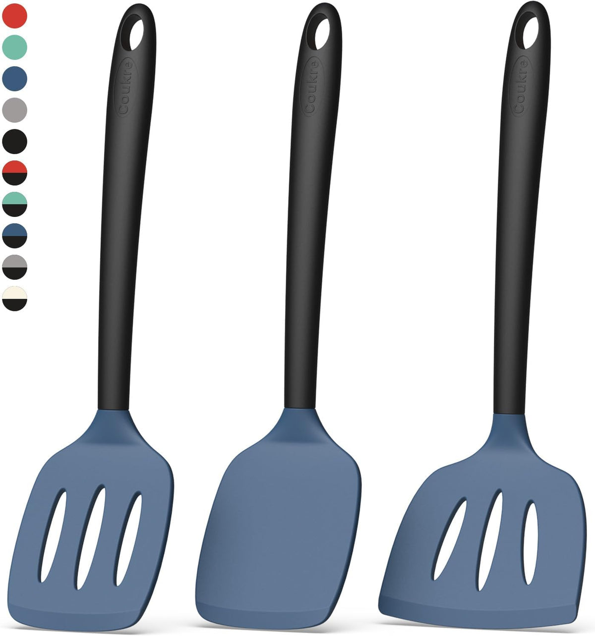 Coukre Silicone Spatula Set of 3, High Heat Resistant, BPA-Free, Kitchen Utensils, Fish Spatula, Solid & Slotted Turner for Non-Stick Pans, Flipping Eggs, Pancakes, Fish, Burgers (3, DarkBlue)