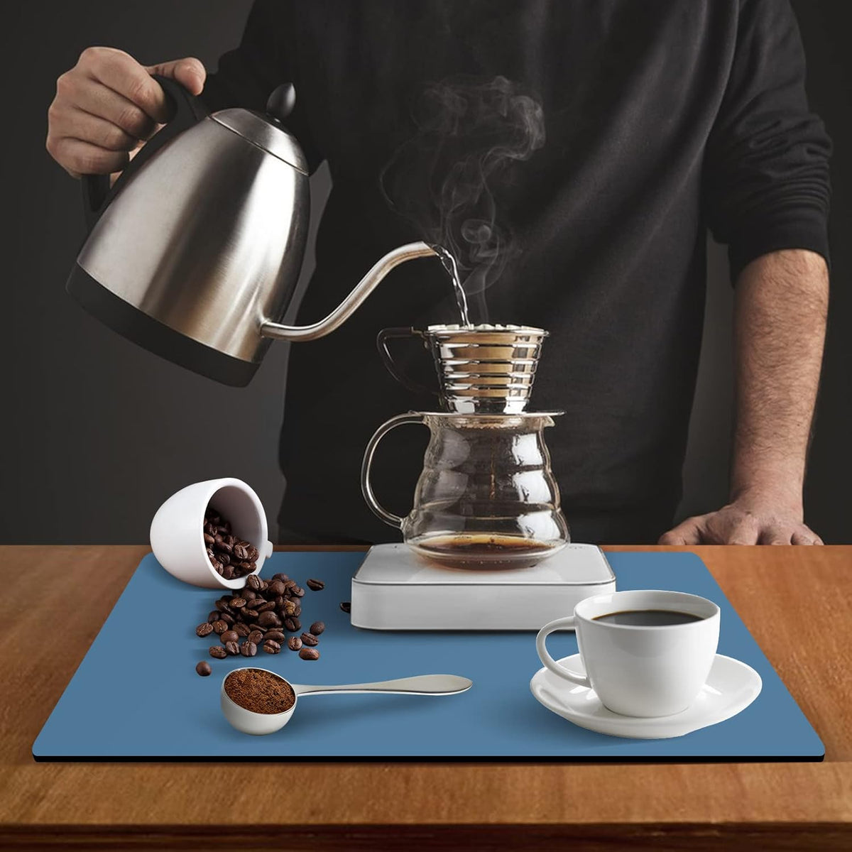 ZLR Coffee Mat - 12" x 16" Small Kitchen Hide Stain Absorbent Dish Drying Mat for Countertop - Easy to Clean Coffee Bar Mat for Espresso Machine and Spill Protection - Navy Blue