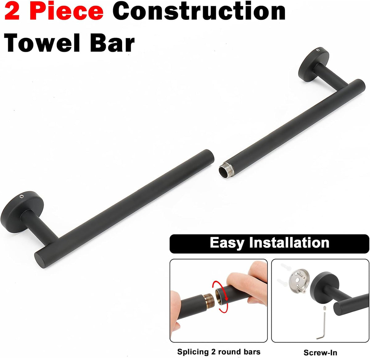 NearMoon Bath Towel Bar, Bath Accessories Thicken Stainless Steel Shower Towel Rack for Bathroom, Towel Holder Wall Mounted (2 Pack, Matte Black, 24 Inch)