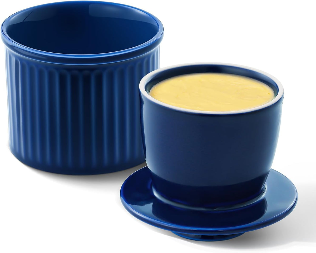 Large Butter Crock Bell for Counter with Water Line, Butter Keeper, Ceramic French Butter Dish Holder for Fresh Spreadable Soft Butter (Blue, 8 Ounce)