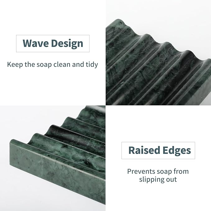 Marble Soap Dish, Soap Holder for Shower, Green Bar Soap Holder with Water Ripple Design, Easy Cleaning Stone Soap Saver for Kitchen Sink，Bathroom, Executive Indian Natural Stone Soap Tray