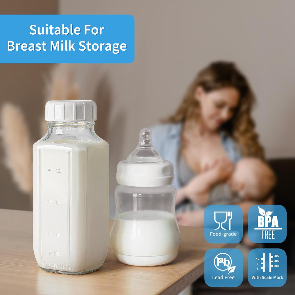 6 Pack 16 Oz Glass Juice Bottles with Pour Spout, 100% Airtight Heavy Duty SCREW Lid- Reusable Glass Milk Bottles w Capacity Mark, Square Drinking Jar Juice Container Breast Milk Pitcher(Extra 2 Lid)