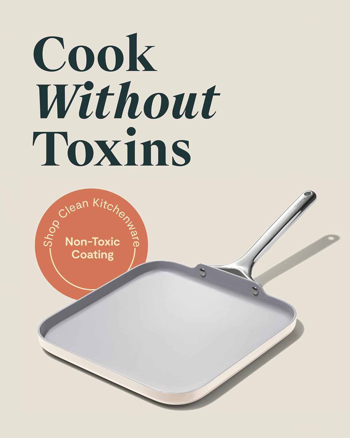 Caraway Square Griddle Pan - 11” Square Pan - Non-Stick Ceramic Coated - Non Toxic, PTFE & PFOA Free - Oven Safe & Compatible with All Stovetops - Cream