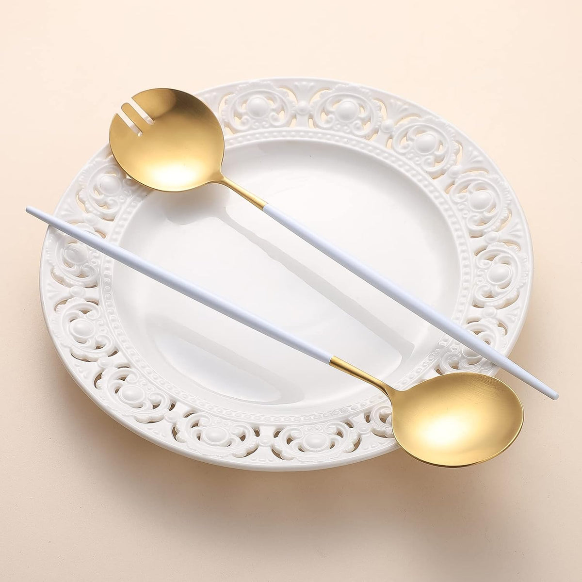 Salad Servers,Spoon and Fork Set 11.41 inch,18/10 Stainless Steel Salad Serving Titanium Plating (White gold)