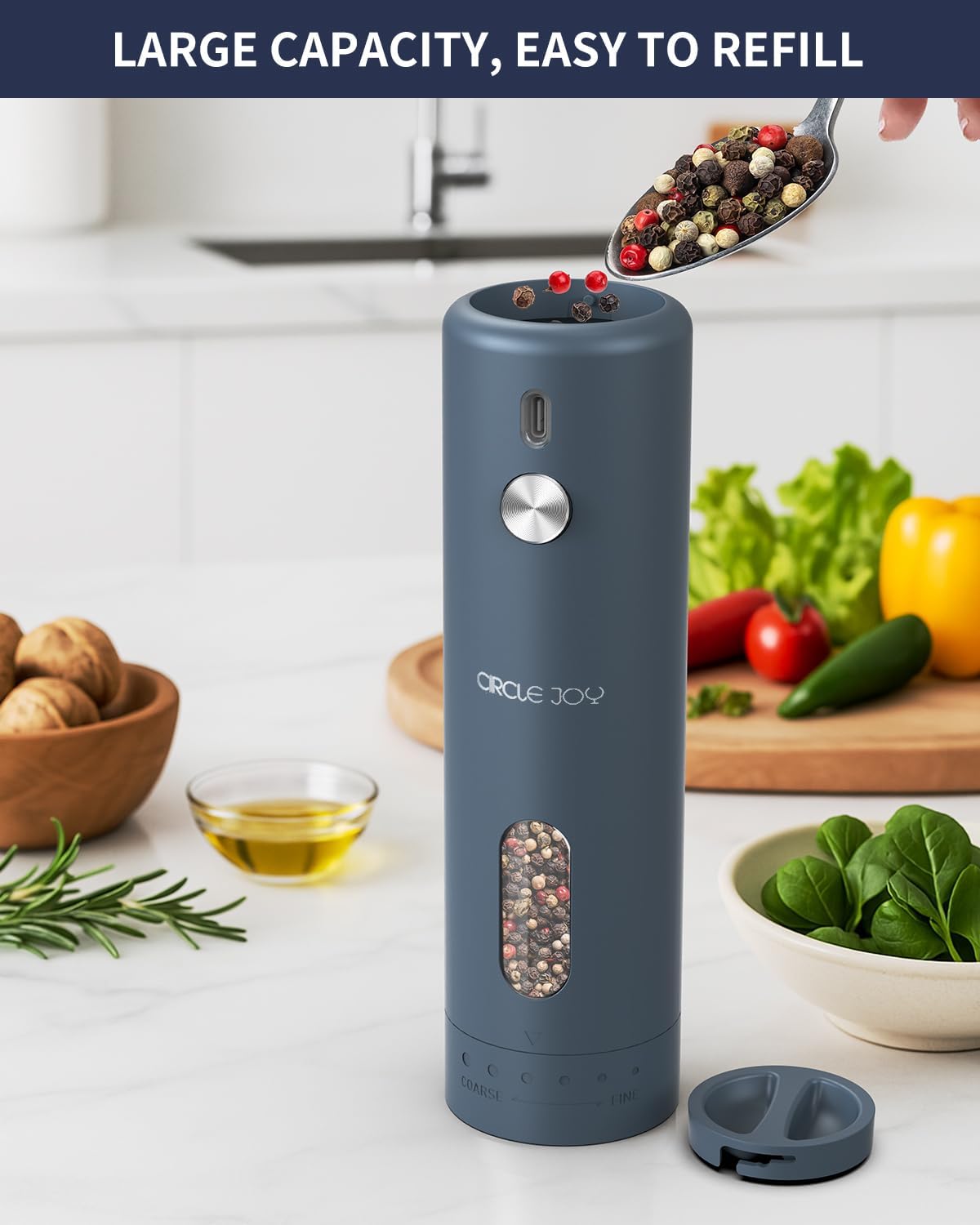 CIRCLE JOY Rechargeable Electric Salt and Pepper Grinder Set with Base, Automatic Pepper Mills with 110ml Container, External Adjustable Coarseness, White Led Light and One-Handed Operation, Blue