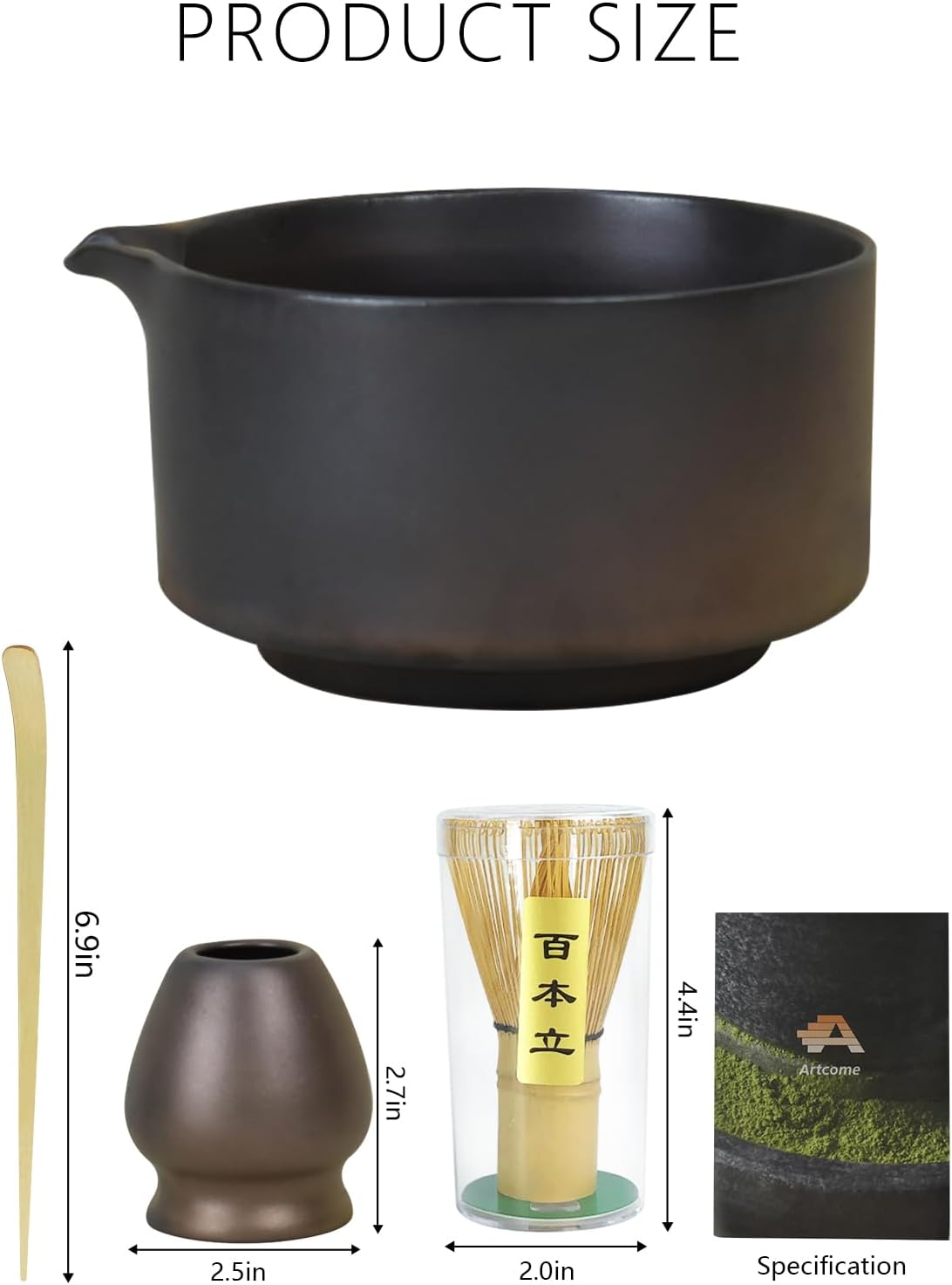 Artcome Matcha Bowl Set with Spout – Handmade Ceramic Chawan, Bamboo Whisk, Whisk Holder, Tea Scoop, and Matcha Manual – Traditional Japanese Tea Set for Matcha Lovers