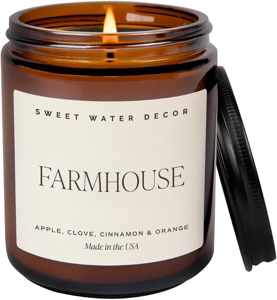 Sweet Water Decor Farmhouse Soy Candle - Apple, Orange, Pumpkin and Clove Scented Fall Candles for Home - 9oz Amber Jar + Black Lid, 40+ Hour Burn Time, Made in The USA
