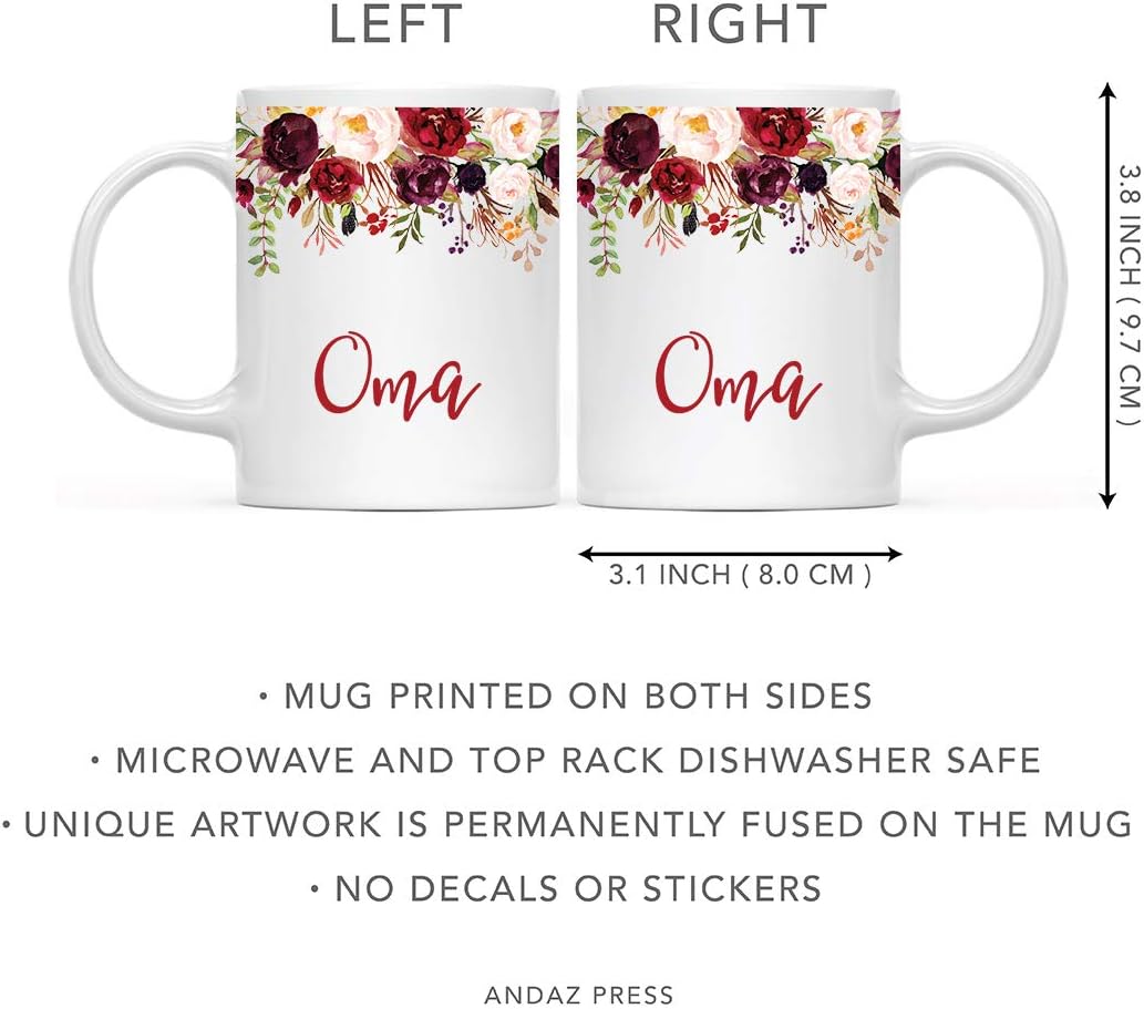 Andaz Press 11oz. Mother's Day Ceramic Coffee Tea Mug Gift, Fall Autumn Marsala Burgundy Flowers Roses Florals, Oma, 1-Pack, Includes Gift Box, Birthday Christmas Gift Ideas