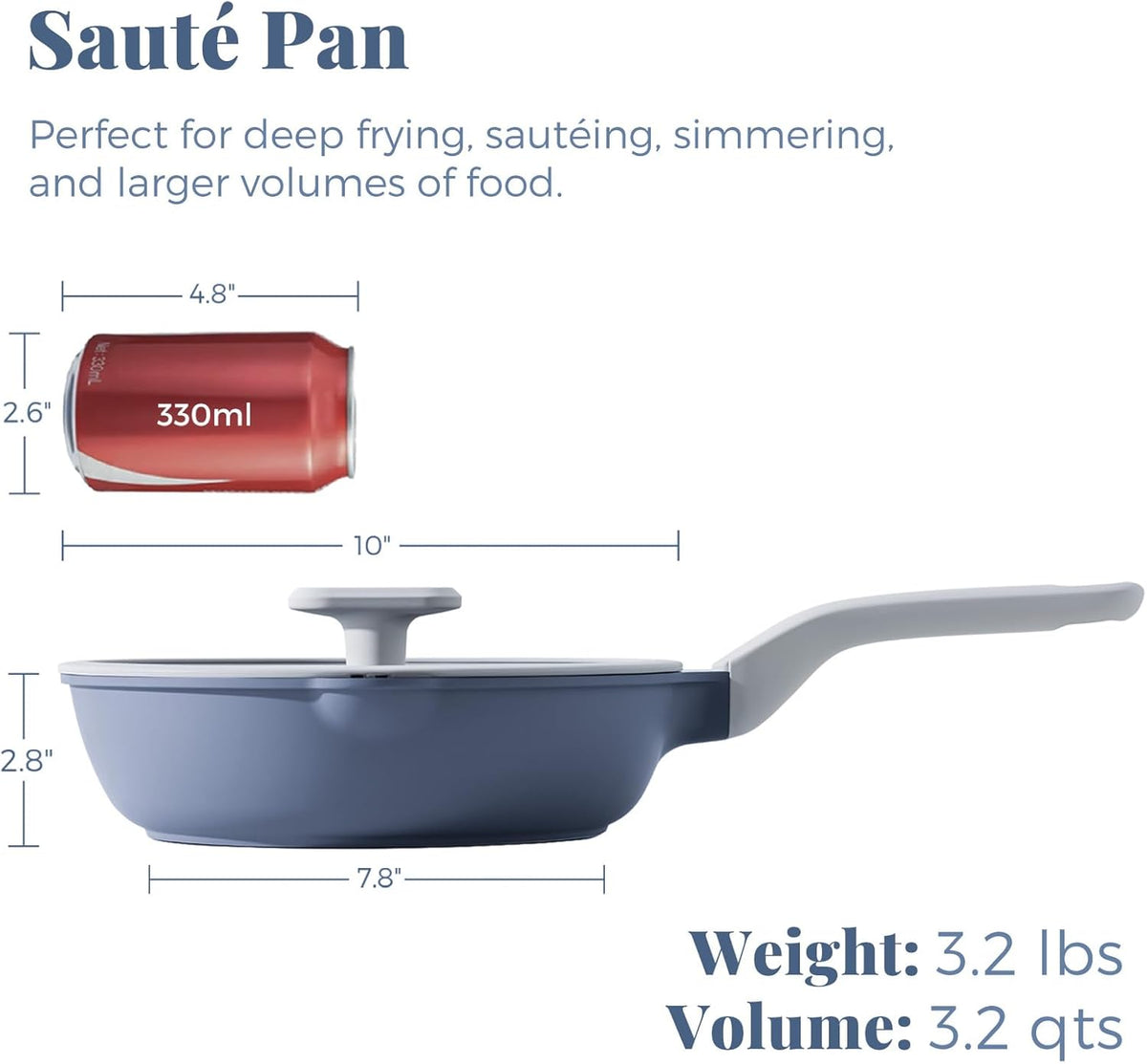 Ceramic Nonstick Deep Saute Pan with Lid, 10 Inch/3.2 QT Non Toxic Pans with Double Pour Spout, Helper Handle and Lid, Metal Utennsil Safe, Dishwasher Safe, (Gray)