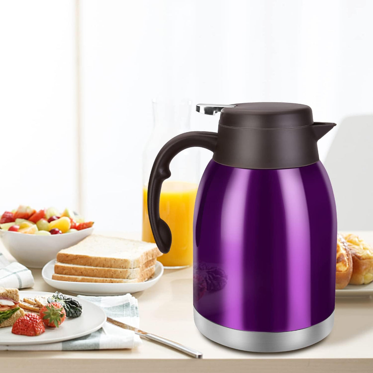 54oz Stainless Steel Thermal Coffee Carafe Dispenser, Unbreakable Double Wall Vacuum Flask 1.6L Water Tea Pot Beverage Pitcher for Hot Coffee for Christmas Carafe (Purple)