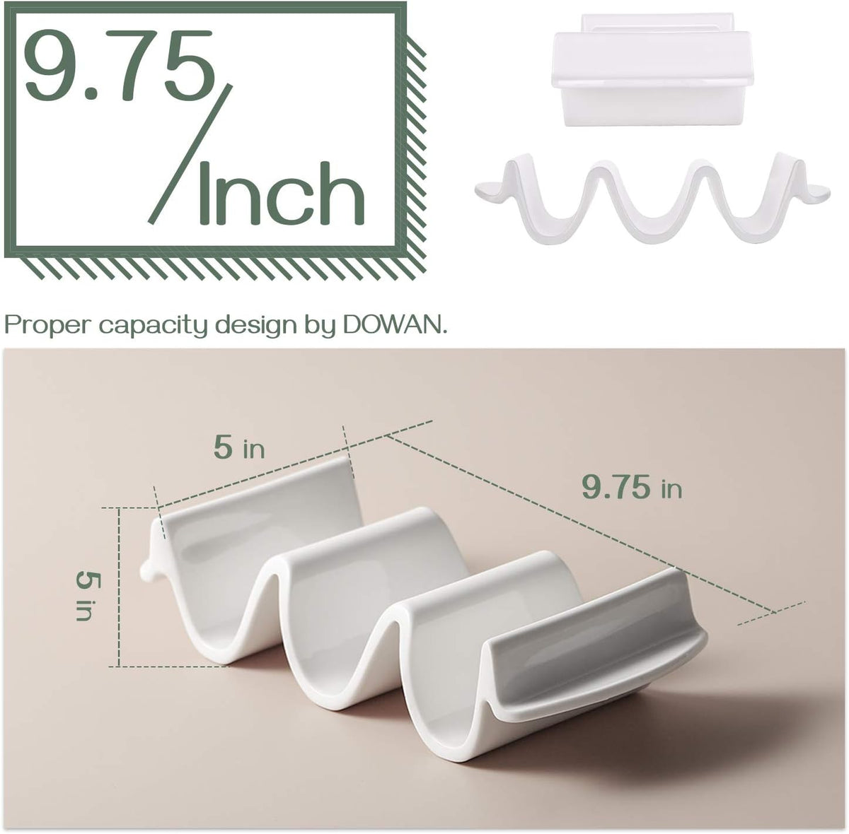 DOWAN Porcelain Taco Holder, 9.75" Large Taco Stand with Handle, Sturdy and Stable, Oven & Microwave & Dishwasher Safe, Safe without Sharp Edge, Taco Trays Holds 3 Taco Shell, Easy to Clean, Set of 2