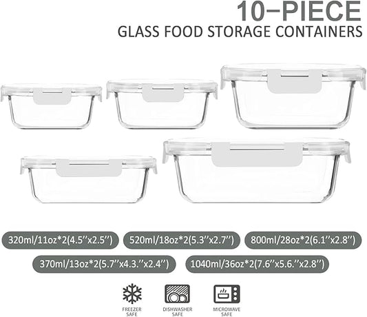 M MCIRCO 10-Pack Glass Food Storage Container with Lids, Airtight Lunch Bento Boxes, Glass Meal Prep Container,Microwave, Oven, Freezer and Dishwasher Friendly, White