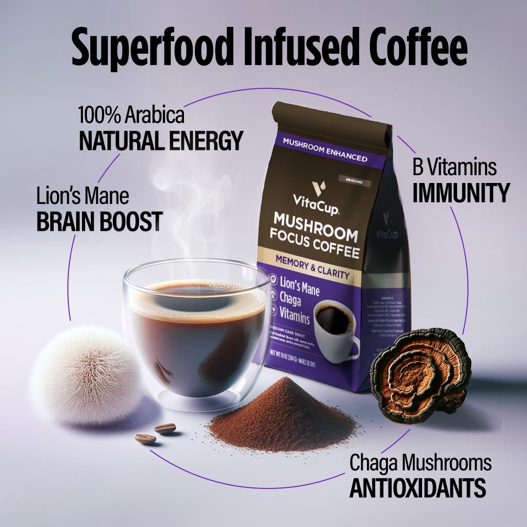 VitaCup Focus Mushroom Coffee Grounds, with Lions Mane, Chaga, B Vitamins, D3, Boost Focus, Immunity, Memory & Clarity, Medium Dark Roast, Bold & Smooth 100% Arabica Specialty, 4 bags, 10oz each