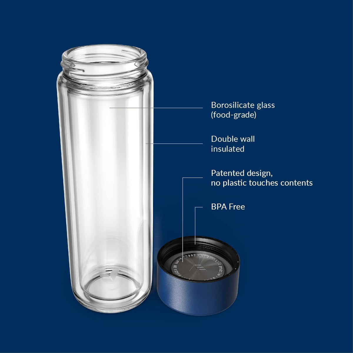 Glass Multi Tea Infuser Bottle 14oz - Double Wall Borosilicate Glass Flask | No Plastic Touches Contents | Perfect for Office or Home - Blue