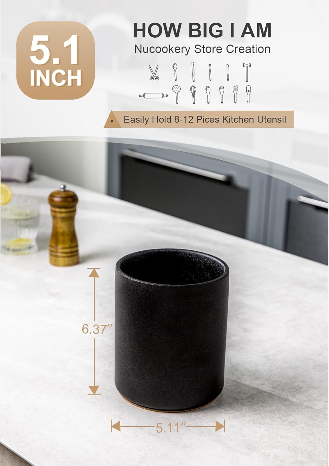 Nucookery Utensil Holder, 6.4" Ceramic Kitchen Utensil Holder with Countertop-Protection Cork Bottom, Farmhouse Kitchen Decor for Counter, Christmas Gift (Stone Black)