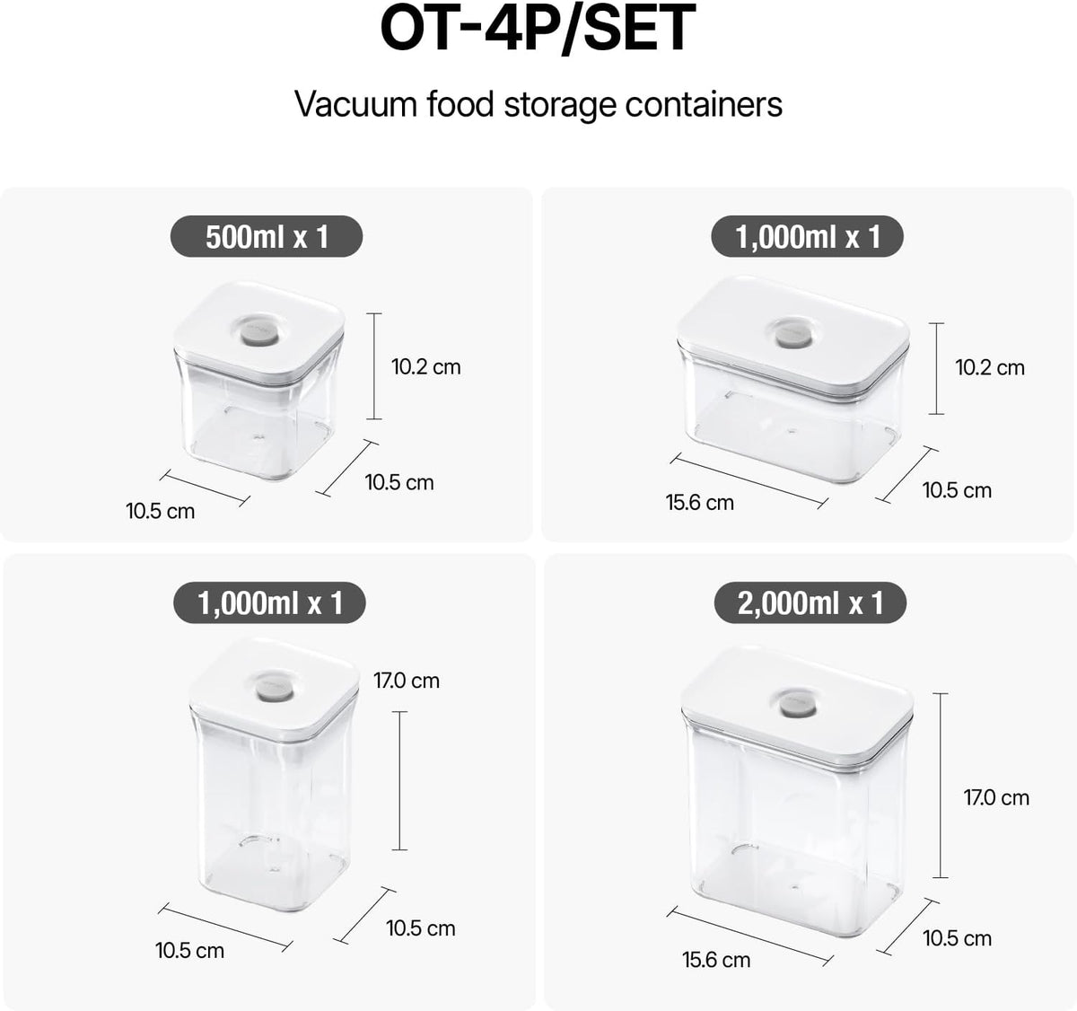 Premium Airtight Food Storage Containers 4-piece/Set, BPA Free, 100% Leak Proof, Keep food fresh up to 5 times longer than non-vacuum storage