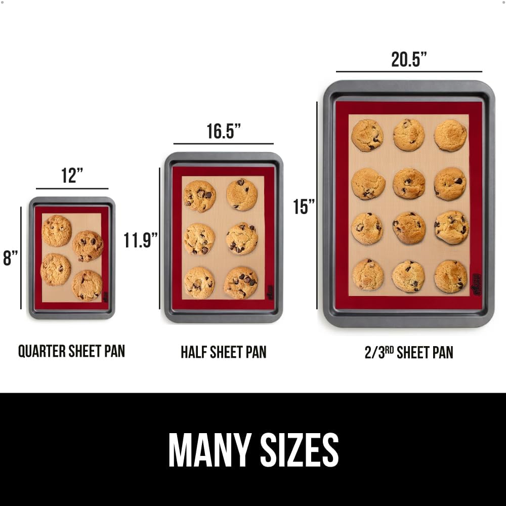 GORILLA GRIP Reusable Nonstick Silicone Baking Mat, 2 Pack, 16.5x11.87, BPA-Free Oven Safe Food Liner, For Cookie Sheets, No Mess Easy Clean Pastry Mats, Kitchen Essential, Half Sheet Size, Red