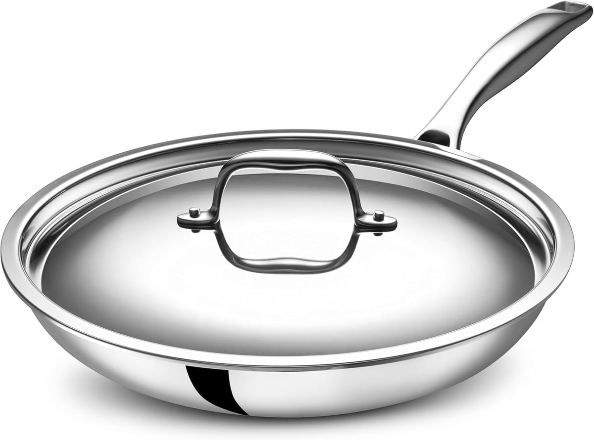 LEGEND COOKWARE 5-Ply, 12 Inch Stainless Steel Frying Pan With Lid | Induction Compatible, Non Toxic Frying Pan | Best Heavy Duty 18/8 Construction | Oven Safe Fast & Even Heat | PFOA PTFE PFOS Free