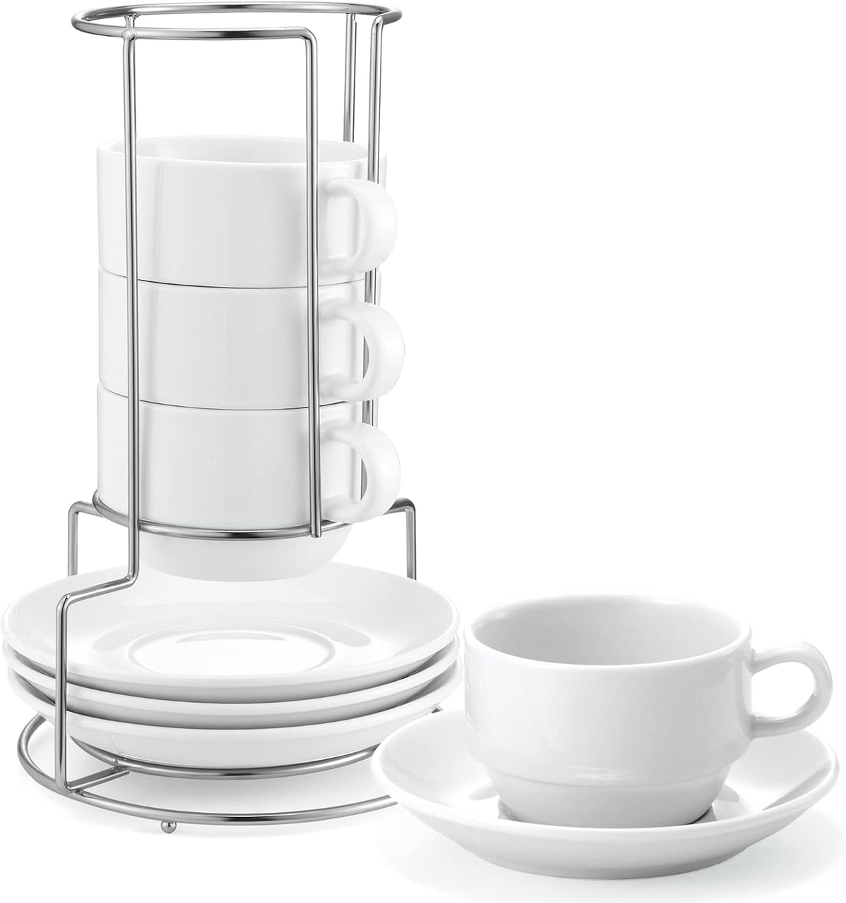 Yedio Porcelain 8 oz Coffee Cups with Saucers and Metal Stand, Porcelain Stackable Cappuccino Cups with Metal Stand, White, Set of 4