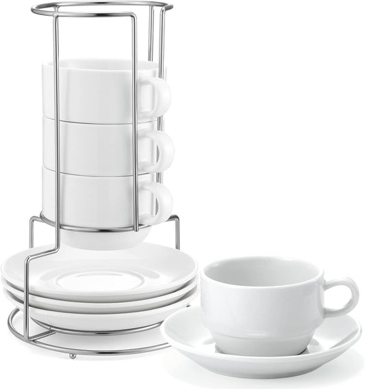 Yedio Porcelain 8 oz Coffee Cups with Saucers and Metal Stand, Porcelain Stackable Cappuccino Cups with Metal Stand, White, Set of 4