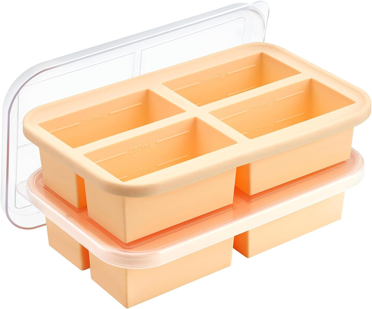 Super Ice Cube Tray 1 Cup X 4 Portions Big Silicone Freezing Mold with Lid, for Soup&Meal, Prep Food Leftovers Freezer Storage Container, 2Pack