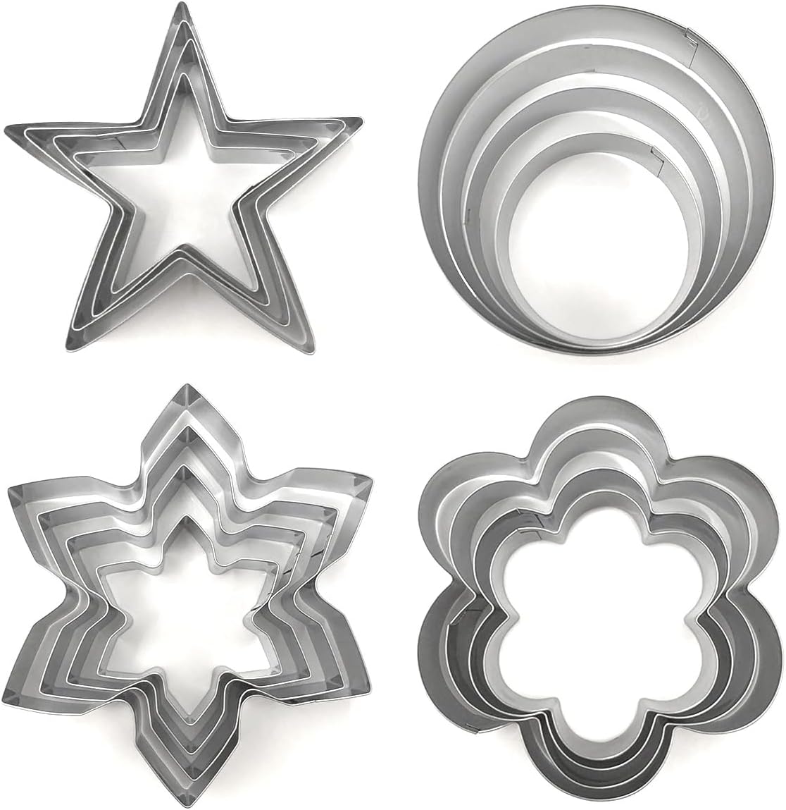 Basic Cookie Cutters 16Pcs, Star Round Flower Snow Shapes Cookie Cutter 4 Size, Biscuit Fondant Cutters Pancake Molds for Baking Decorating Daily Holiday Birthday Party