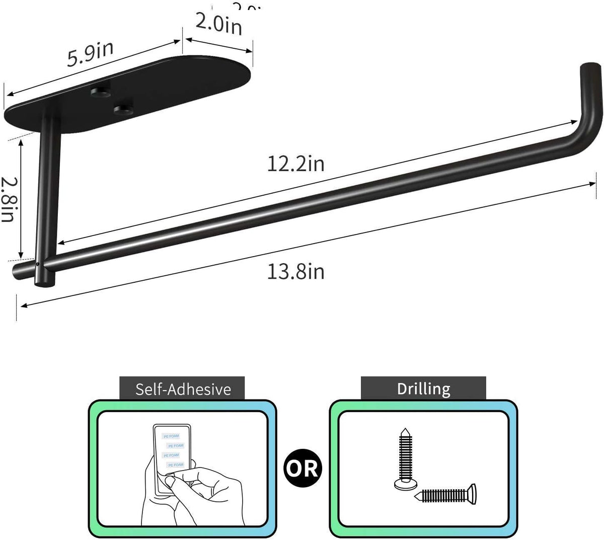 VAEHOLD Self Adhesive Paper Towel Holder Under Cabinet Mount, Wall Mounted Paper Towel Roll Holder for Kitchen, Bathroom, Wall - SUS304 Stainless Steel (Black)