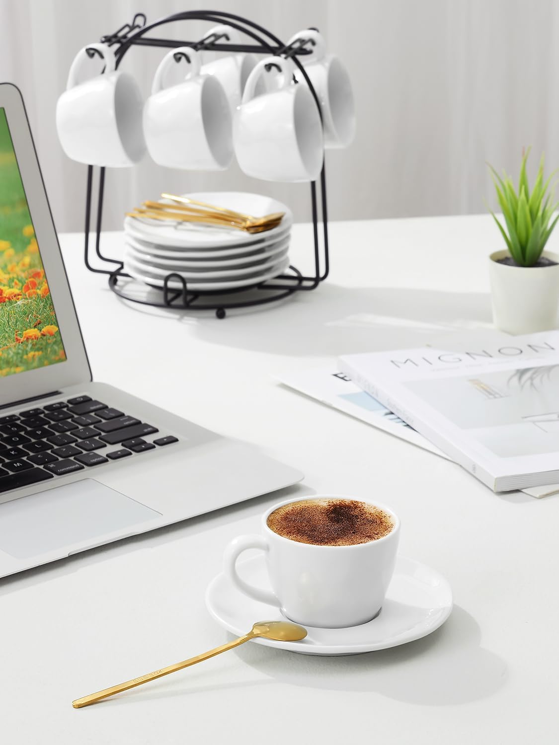 Yedio 4 oz Espresso Cups with Saucers and Metal Stand, Spoons, Porcelain Stackable Coffee Cups, Demitasse Cups, Perfect for Single or Double Espresso, Cappuccino, Latte and Tea - Set of 6, White