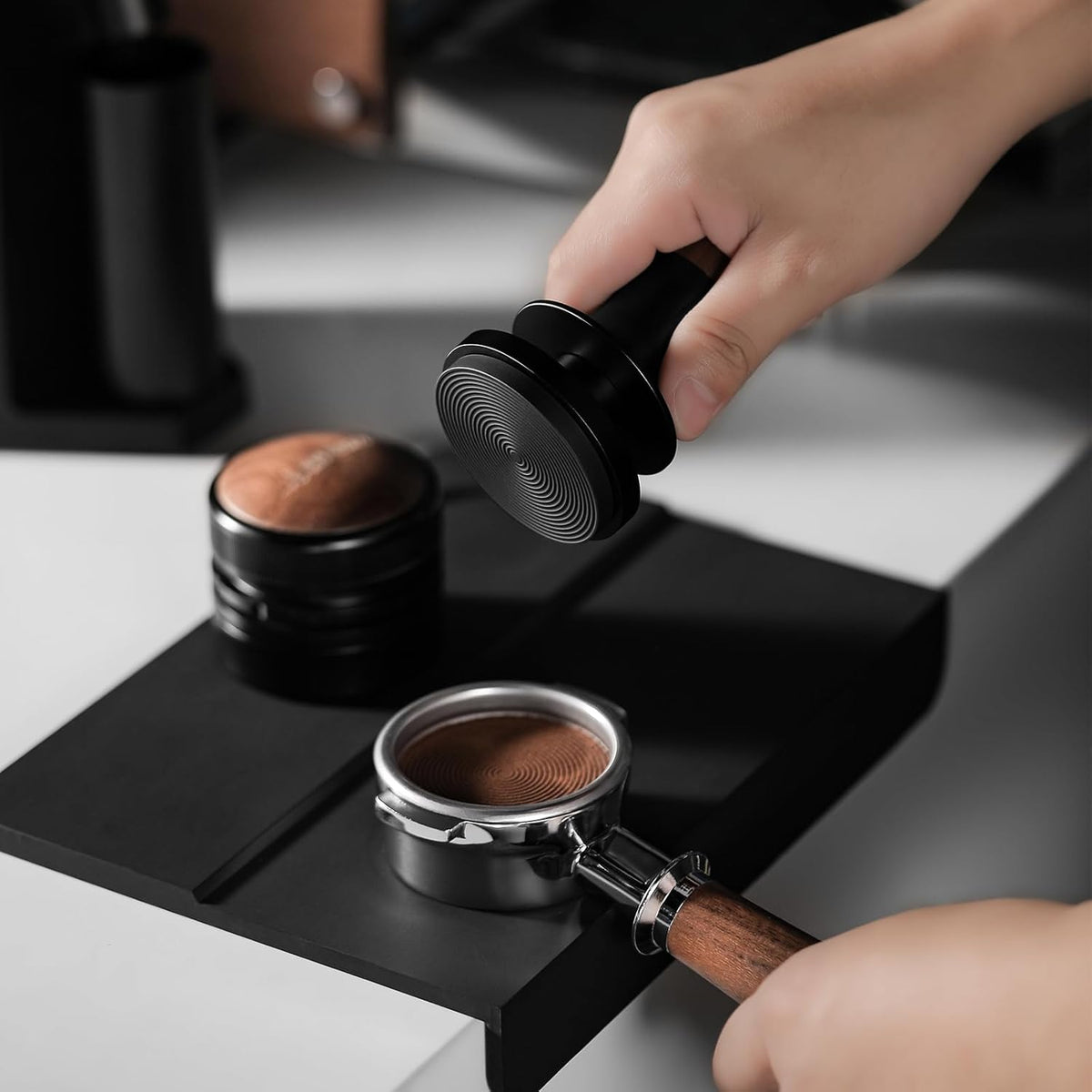 MHW-3BOMBER 58mm Espresso Coffee Tamper with Three Spring Loaded Calibrated Tamper 30lbs Espresso Hand Tamper with Sound Feedback Titanium Coating Black T6176T-OS