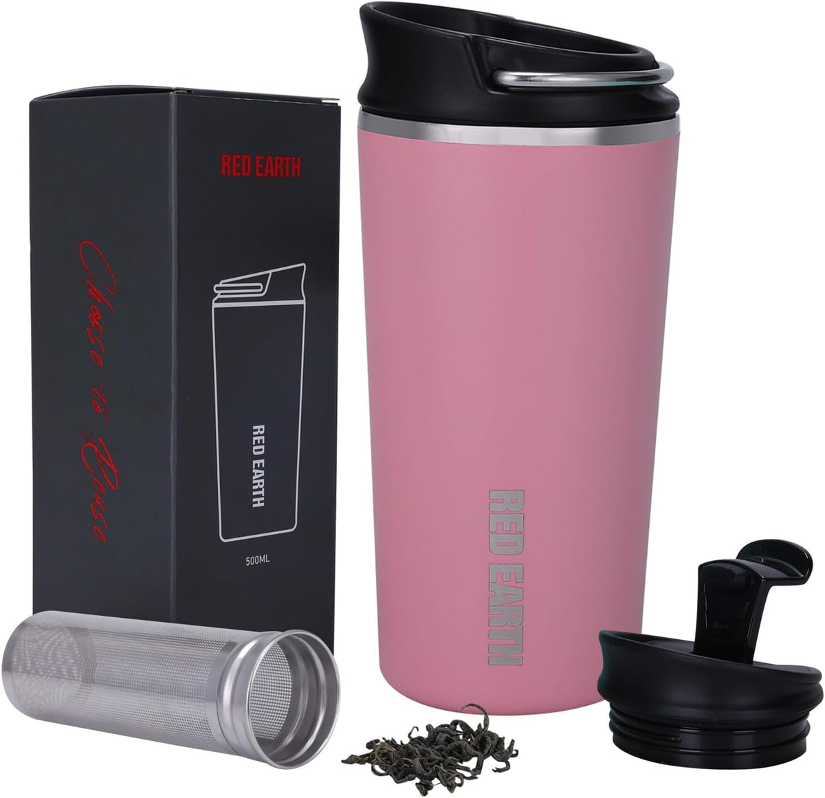 GiNT 17oz Travel Tea Mug with Infuser and Two Lid. Vacuum Insulated 316 Stainless Steel Travel Coffee Mug. Dishwasher Safe Tea Cup with Tea Strainer for Hot and Cold Brew Coffee or Tea(Pink)