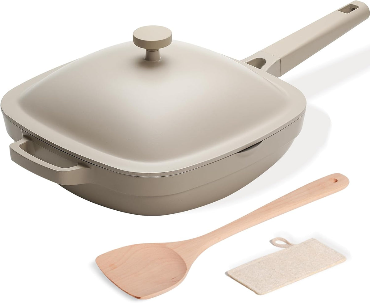 10.5 Inch(3.8QT) Deep Frying Pan,Non Stick Frying Pans Cast Aluminum,Ti-Ceramic Non Toxic Pix Pan with Lid,Natural Wooden Spatula and Loofah Scrubber-Morning Mist