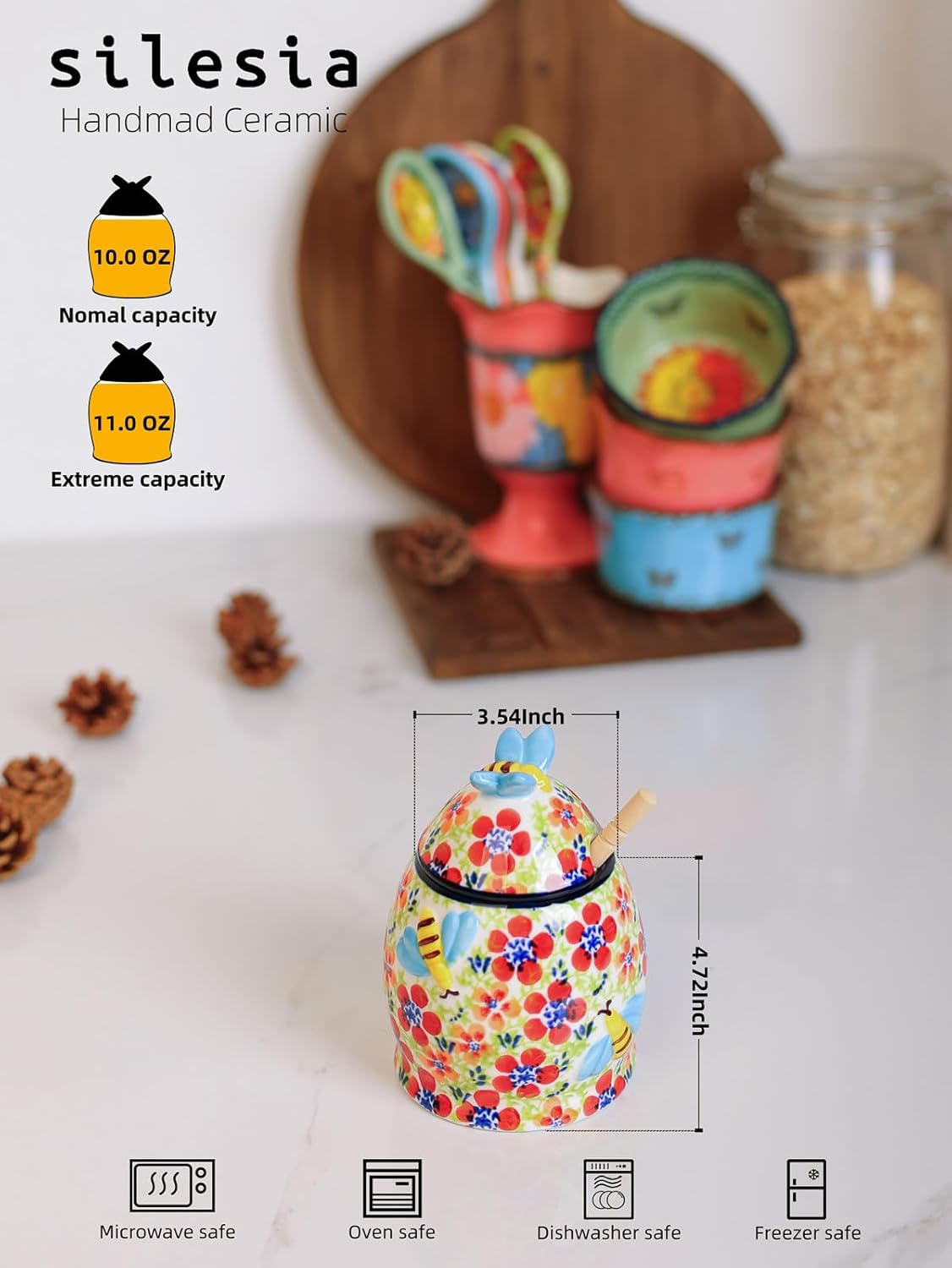Silesia Handmade Honey Jar with Lid, 10 Ounce Ceramic Hand-Painted Honey Containers with Wooden Dipper, Honey Pot Set for Home and Kitchen in Gift Box, Oven, Dishwasher & Microwave Safe, Jungle Floral