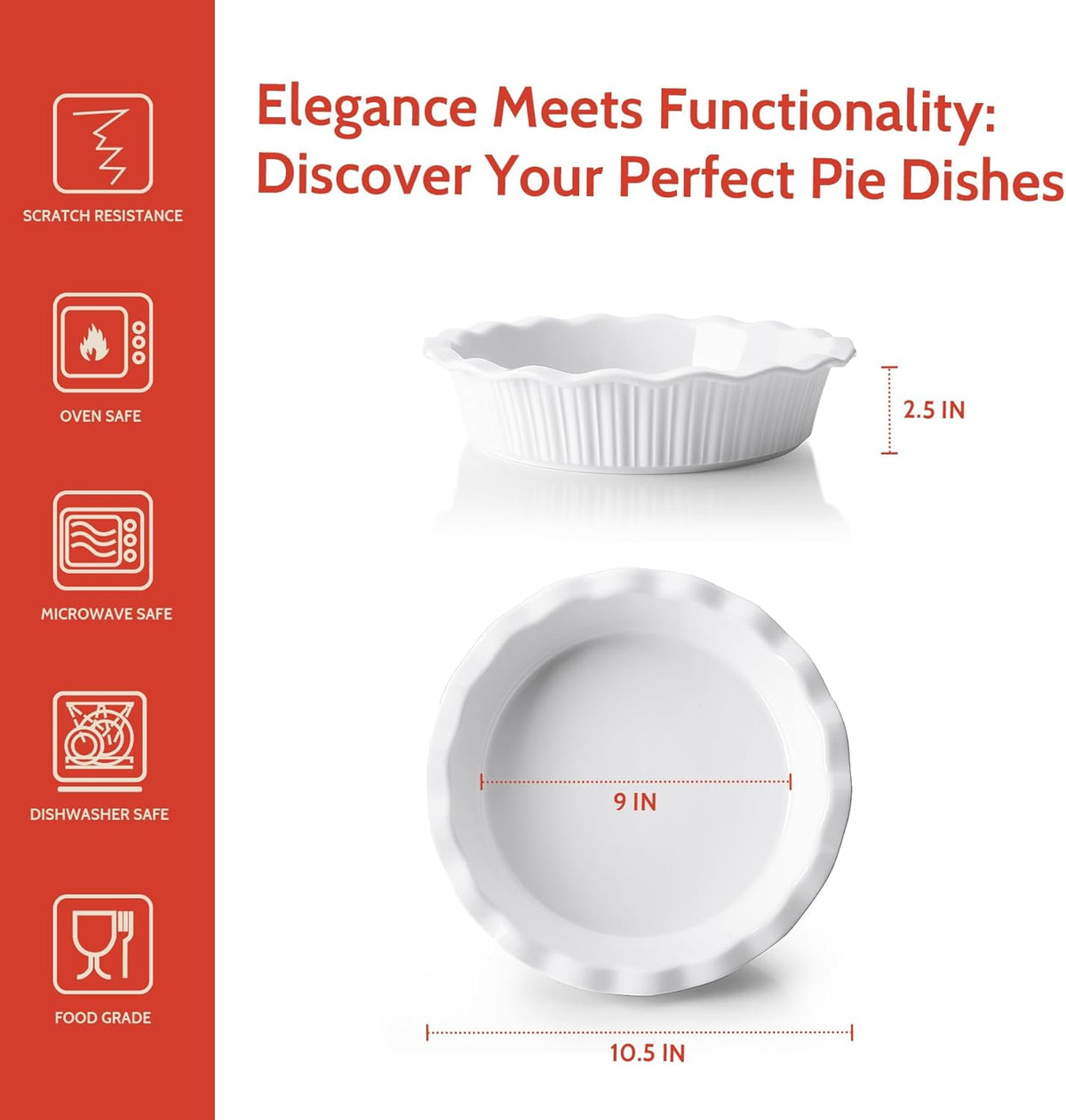 Sweese Porcelain Deep Fluted Pie Dish for Baking - 9 inch Porcelain Pie Plate for Apple, Quiche, Pot Pies, Tart - Vertical Line - White