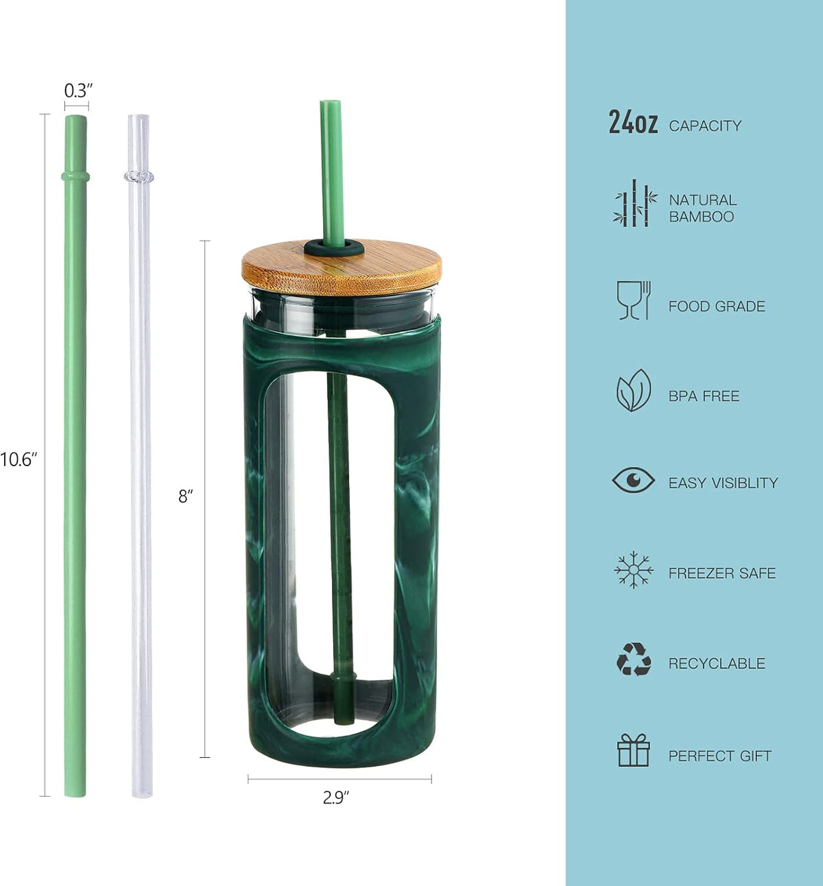 Kodrine 20oz Glass Tumbler with Straw and Lid, Iced Coffee Cups with Bamboo Lids, Glass Cups for Cold Drinks, Smoothie Cup with Silicone Sleeve for Travel, Work, BPA FREE-Green