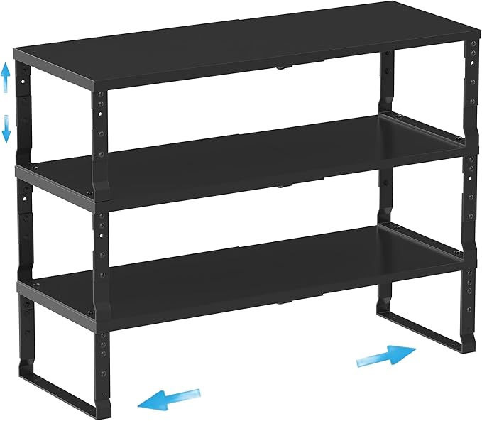Expandable Spice Rack Organizion for Kitchen Cabinet, Seasoning,Bathroom Organizer Display Shelf, Stackable Multi-Purpose Shelves.Easy-to-Install（3Packs/Black,Medium