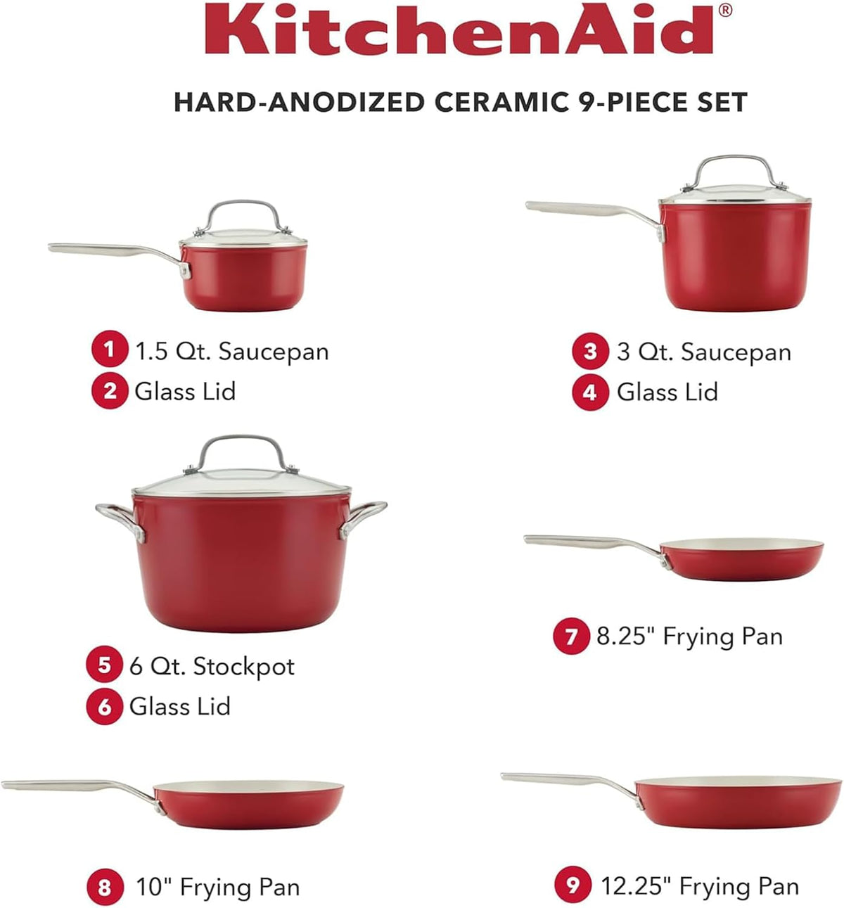 KitchenAid Hard Anodized Ceramic 9-Piece Nonstick Cookware Set – Includes Fry Pans, Saucepan, Stockpot, Durable, Even Heating, Oven Safe to 500°F, Empire Red