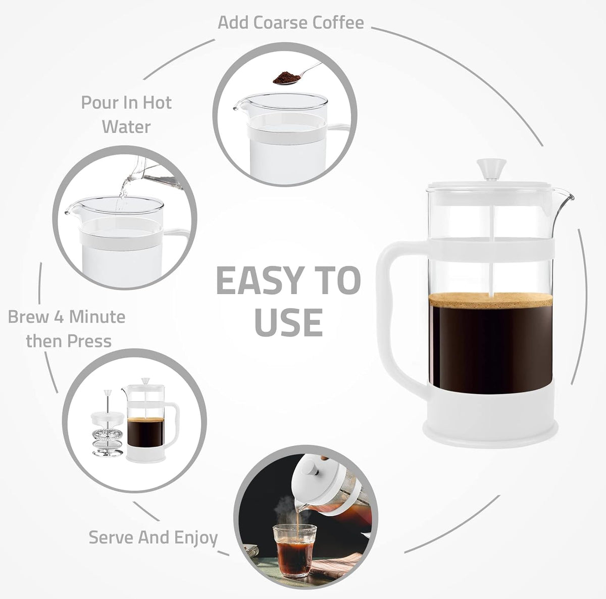 Utopia Kitchen French Press Espresso and Tea Maker with Triple Filters, Stainless Steel Plunger and Heat Resistant Borosilicate Glass (White, 34-oz (Pack of 1))