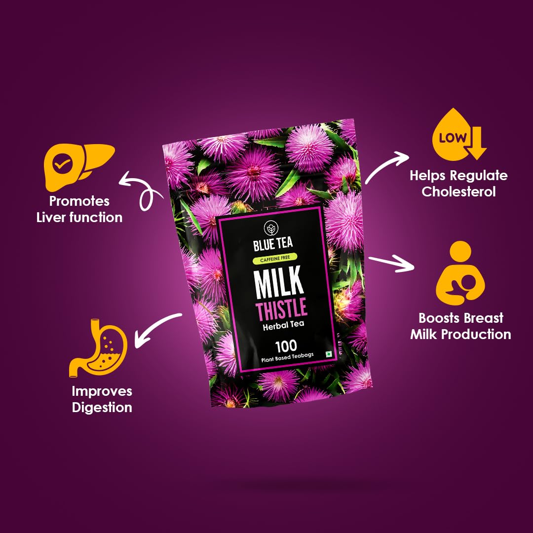 BLUE TEA - Milk Thistle Tea - 100 Count - Pyramid Plant Based Tea Bag | Liver Cleaning and Immune Support | Milk Thistle Seeds - Caffeine Free - Herbal Tea - Non Bitter | Zipper Pack