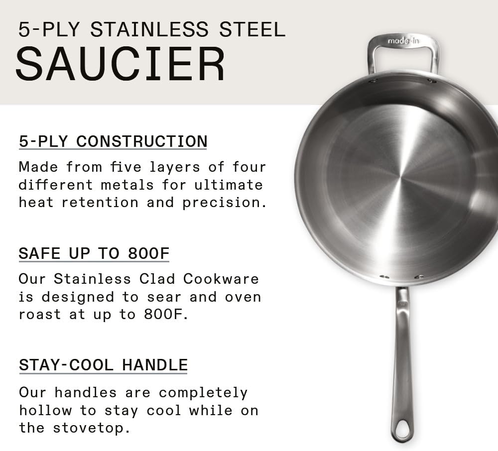 Made In Cookware - 5 Quart Stainless Steel Saucier Pan - 5 Ply Stainless Clad - Professional Cookware - Crafted in Italy - Induction Compatible