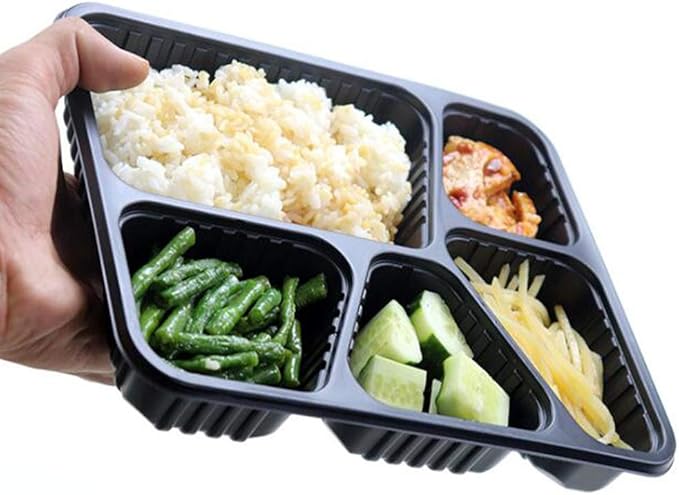 Hemoton 30pcs Disposable Bento Box 5 Compartment Meal Prep Container with Lid Microwave Heating Food Box for Home Restaurant (Black)