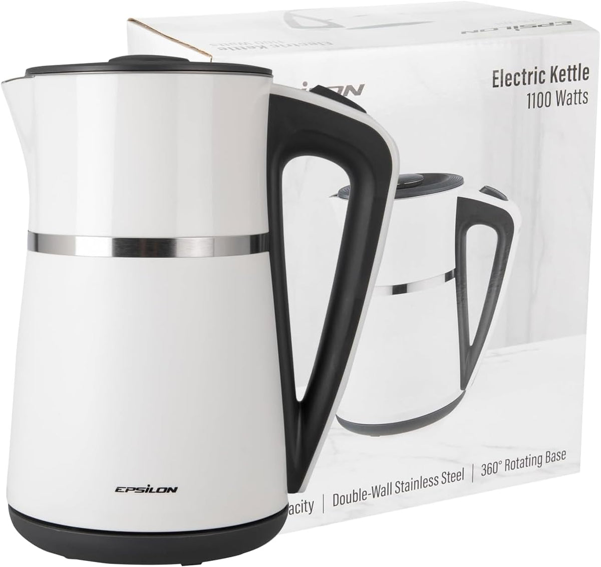 Epsilon Double Wall Electric Kettle 1500W – 1.7L Hot Water Tea Kettle & Hot Water Boiler with Auto Shut-Off, Boil Dry Protection, BPA-Free Stainless Steel Electric Teapot, Fast Boil, Cool Touch Design