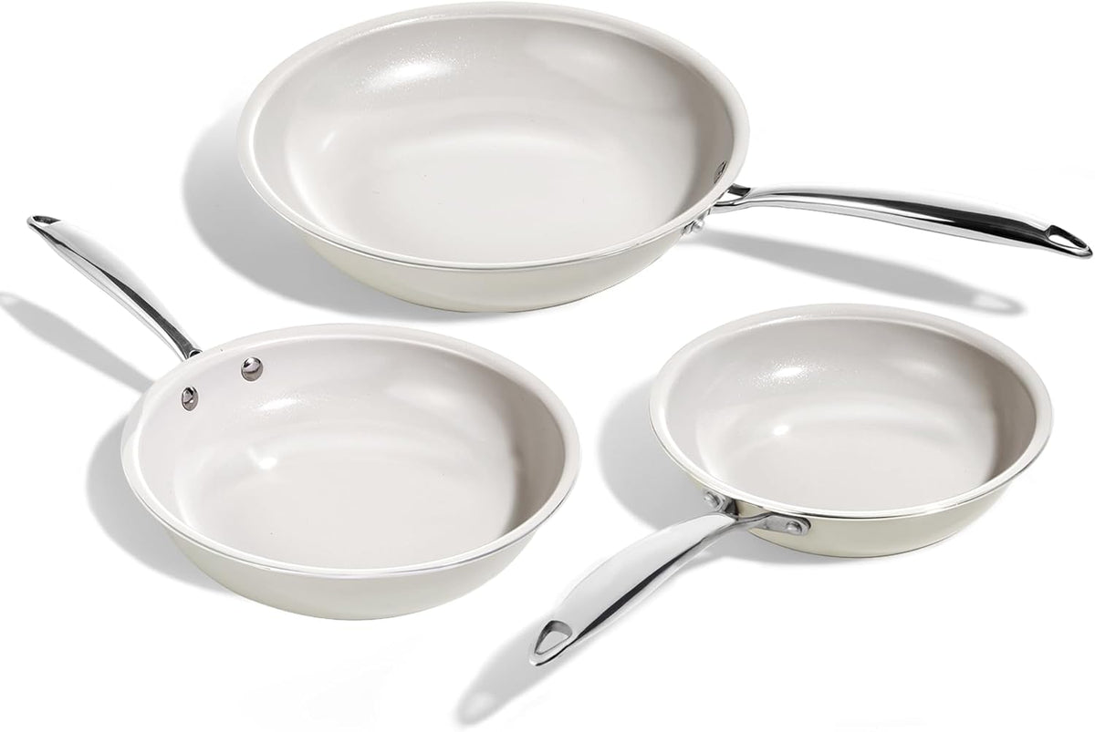 KITEXPERT Non Stick Frying Pans Set, Titanium Ceramic Pan Skillet Set Non Toxic, 8" 9.5" 11" Nonstick Frying Pan, Stainless Steel Handle, Dishwasher & Oven Safe, PFAS & PTFE & PFOA Free, Cream