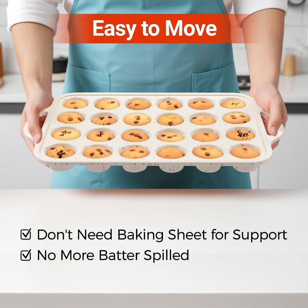 Mini Muffin Pan, Metal Reinforced Frame Mini Cupcake Pans 24 Cups Nonstick Muffin Silicone Molds with Handle for Baking Muffins, Cupcakes, Egg Bites 2 Pack